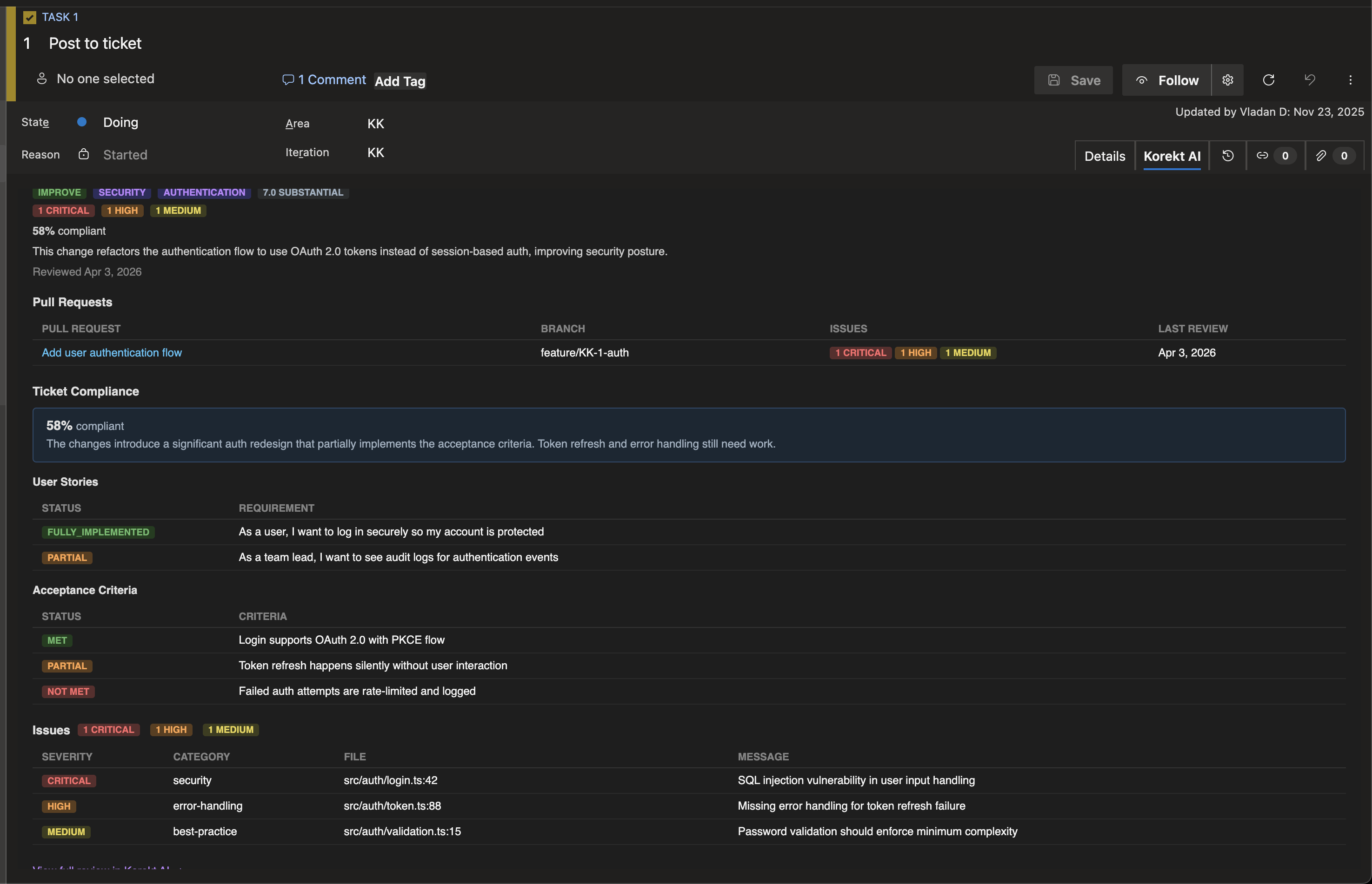 Korekt AI tab in an Azure Boards work item showing ticket compliance, pull requests, and open issues