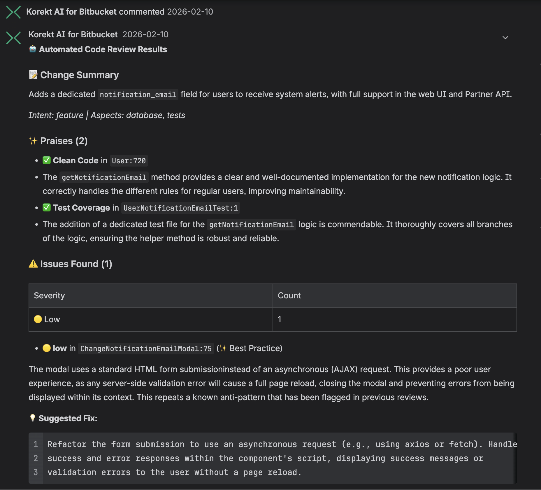 Korekt AI review comment on a Bitbucket pull request showing change summary, praises, issues found, and suggested fix