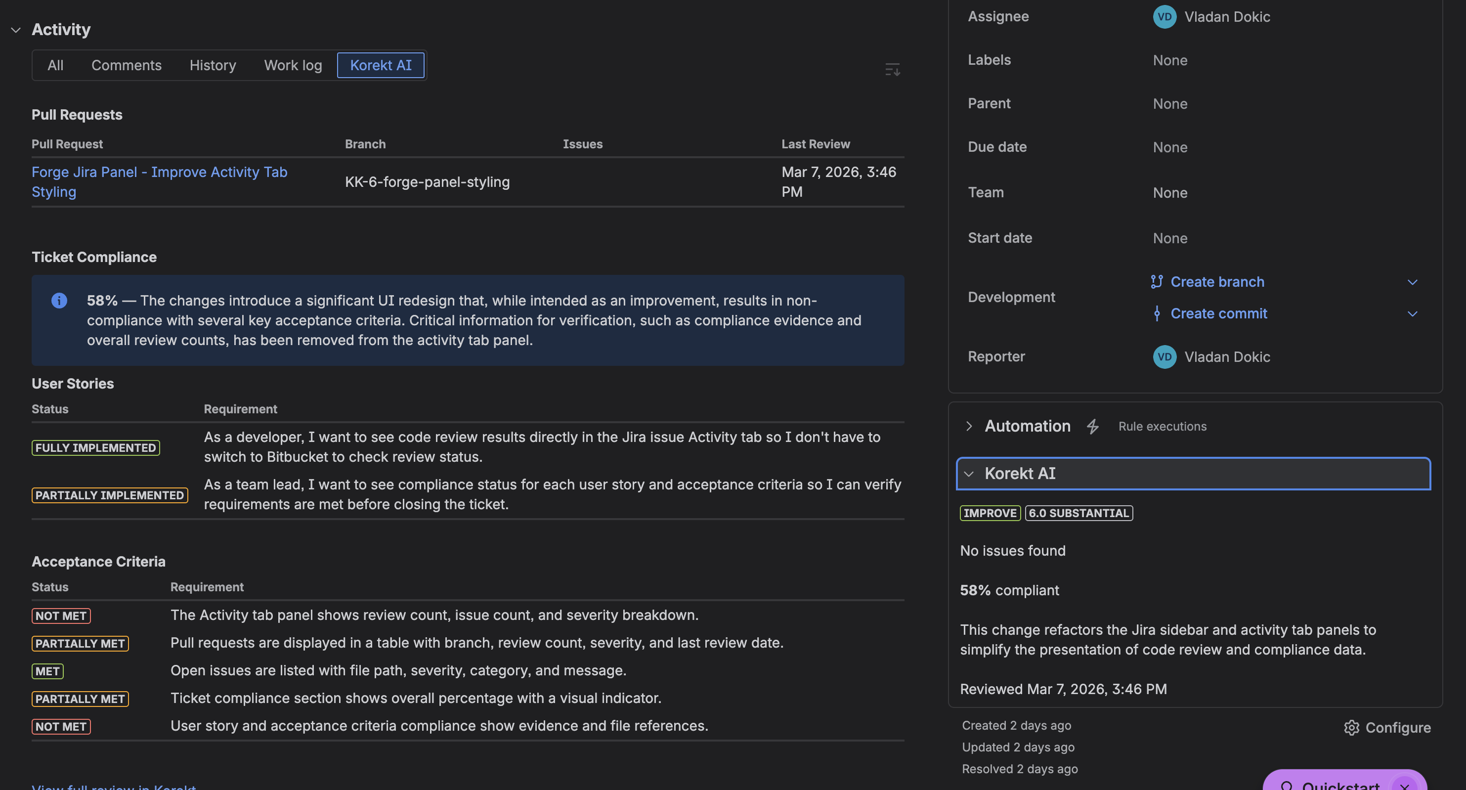 Korekt AI activity panel in a Jira issue showing ticket compliance, user stories, and acceptance criteria status