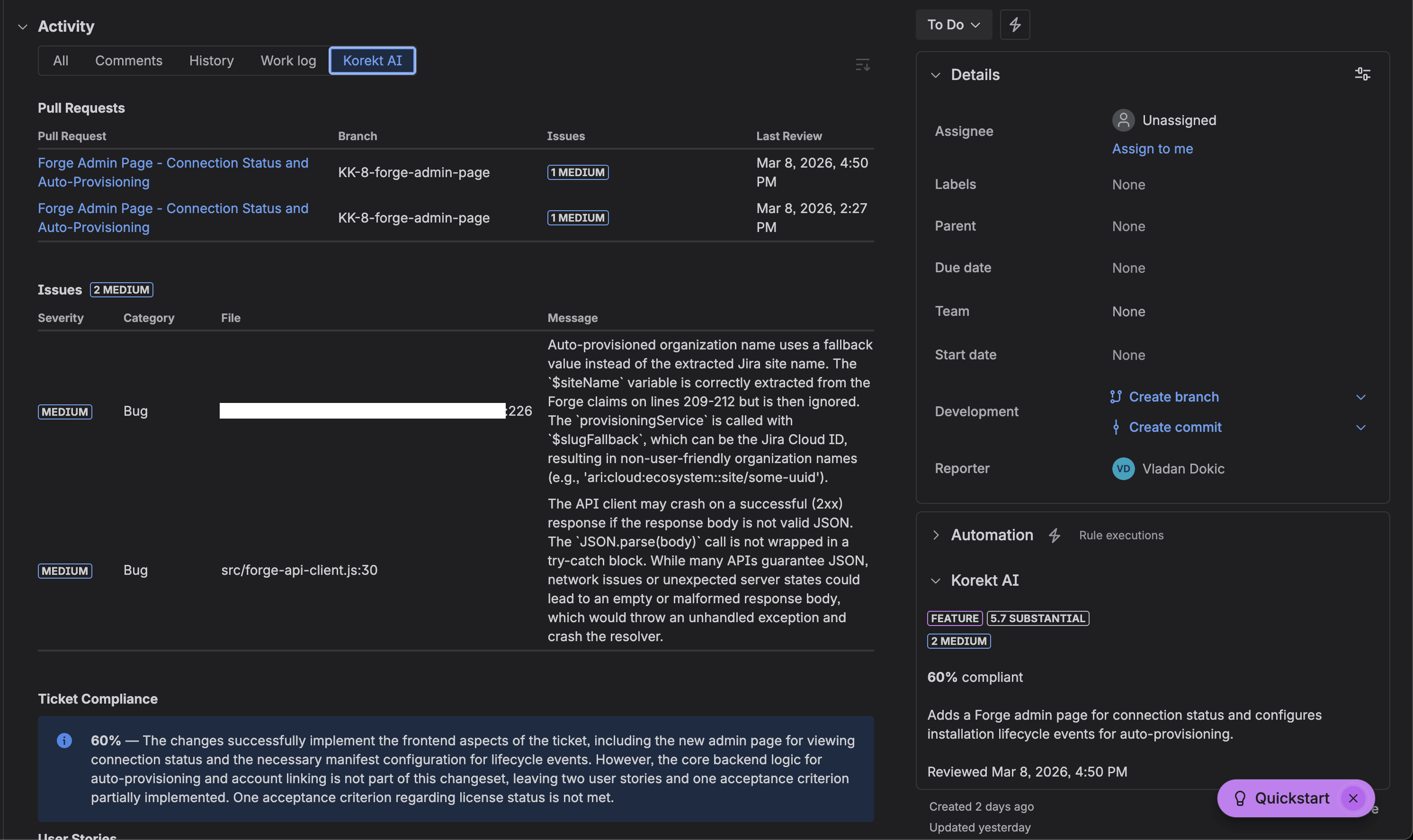 Korekt AI context panel in a Jira issue showing PR reviews, issues found, ticket compliance, and severity breakdown