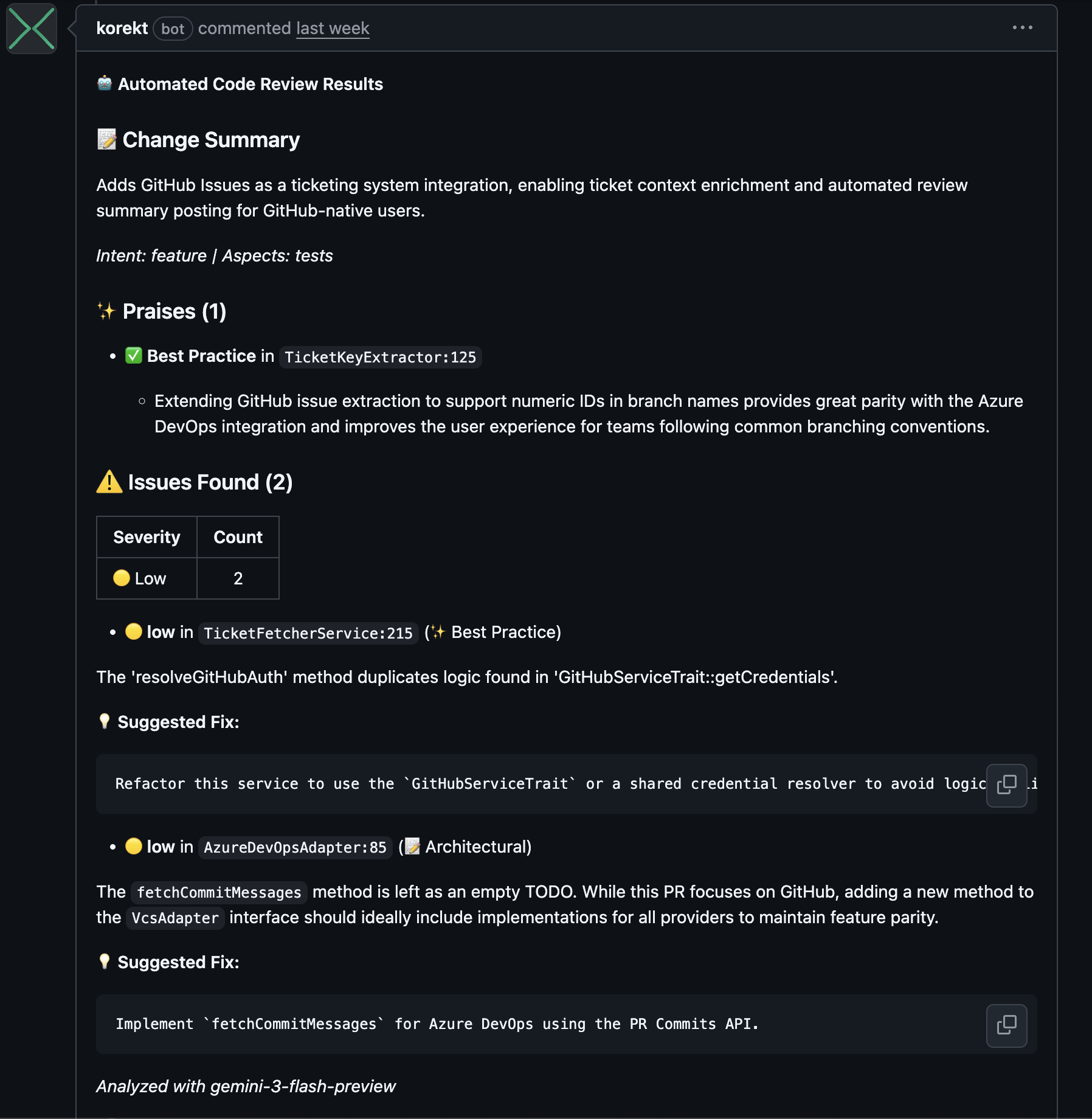 Korekt AI review comment on a GitHub pull request showing change summary, praises, issues found, and suggested fix